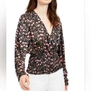 NWT Leyden Smocked Surplice Blouse Dainty Floral Black and Pink‎ Print Womens L